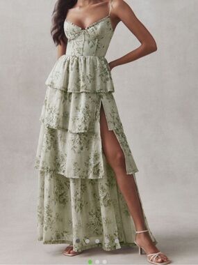 V Chapman Sage Green Floral Tiered Maxi Dress with Side Slit